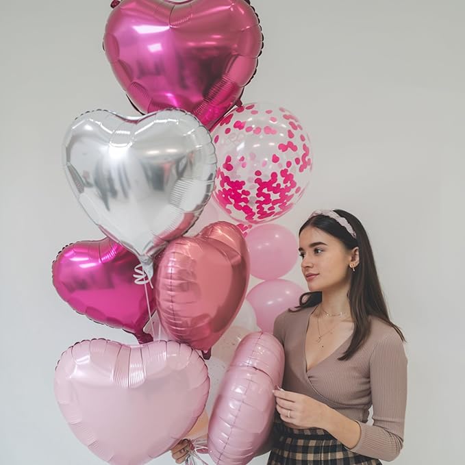 Rose Red Silver Heart Balloons, 18 Inch Light Pink and Silver Heart Shaped Balloon, 12PCS Hot Pink Helium Foil Love Balloons for Birthday Engagement Wedding Valentine Party Decorations