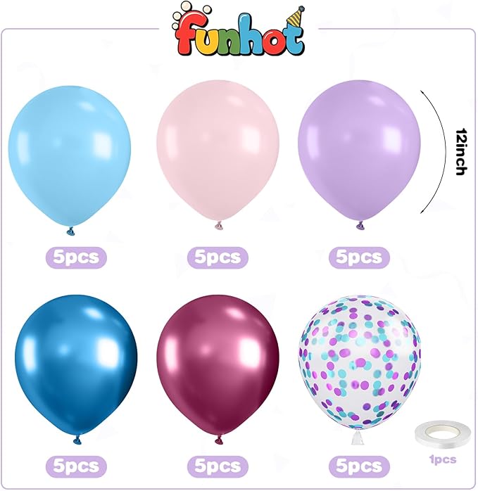 Pink and Blue Balloons,12 Inch Metallic Maca Blue Pink Purple with Pink Blue Confetti Balloon for Gender Reveal Birthday Baby Shower Summer Hawaiian Theme Party Decorations