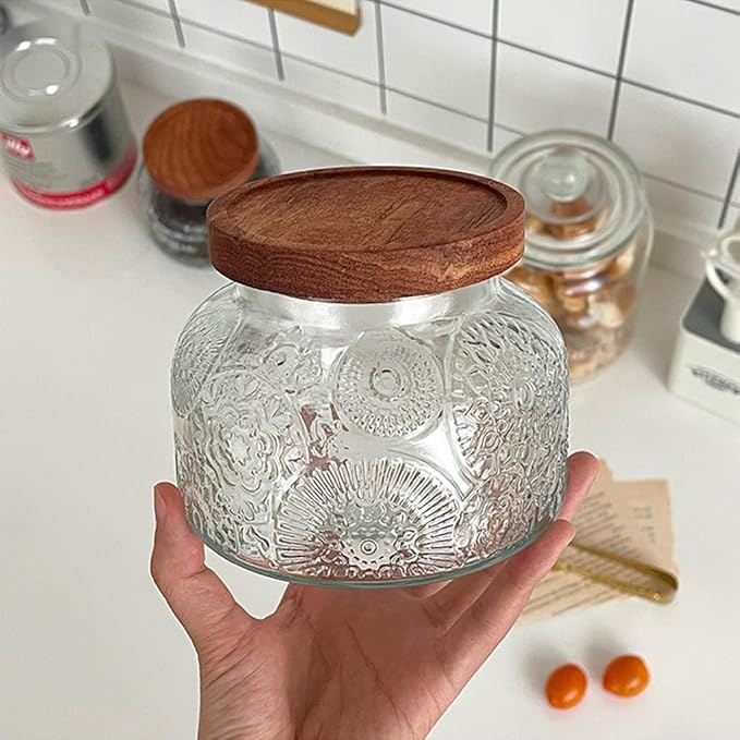 ANSQU Vintage Glass Food Storage Jar, Glass Jar with Wooden Lid, 25.4 FL OZ Decorative Glass Jar for Home Kitchen, Holds Coffee, Candy, Cookie, Sugar (Large Flower)
