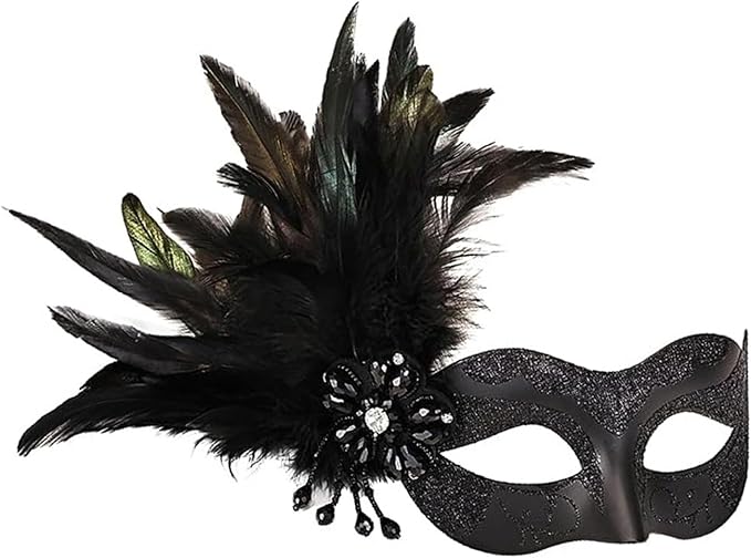 Masquerade Mask for Women Shiny Venetian Mask for Halloween Mardi Gras Costume Party Ball with Feather flower dec.