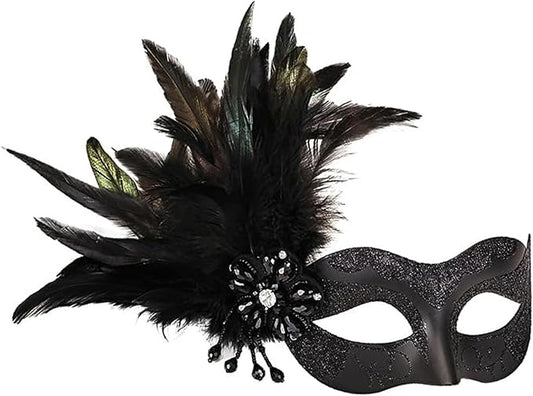 Masquerade Mask for Women Shiny Venetian Mask for Halloween Mardi Gras Costume Party Ball with Feather flower dec.