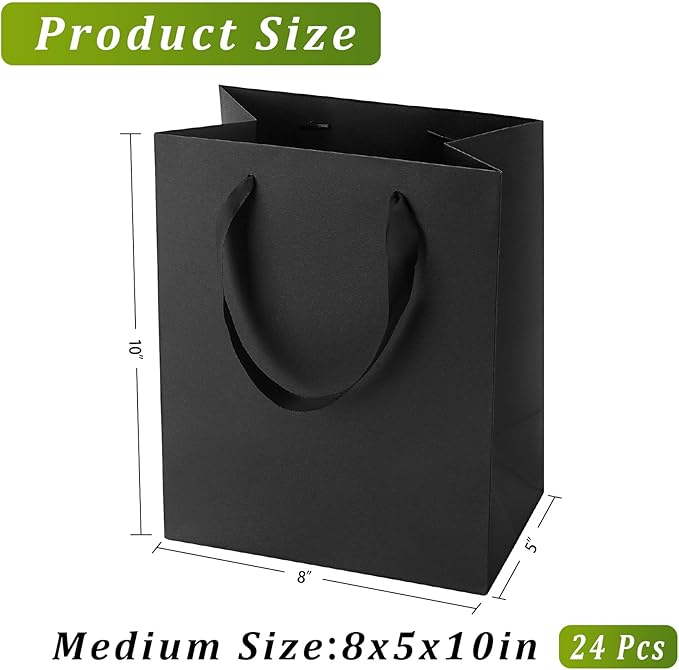 Black Gift Bags With Handles, 8x5x10 Inch Sturdy Kraft Paper Gift Bags, Bulk for Wedding, Party, Birthday, Business and Shopping (Black-M-24-pcs)
