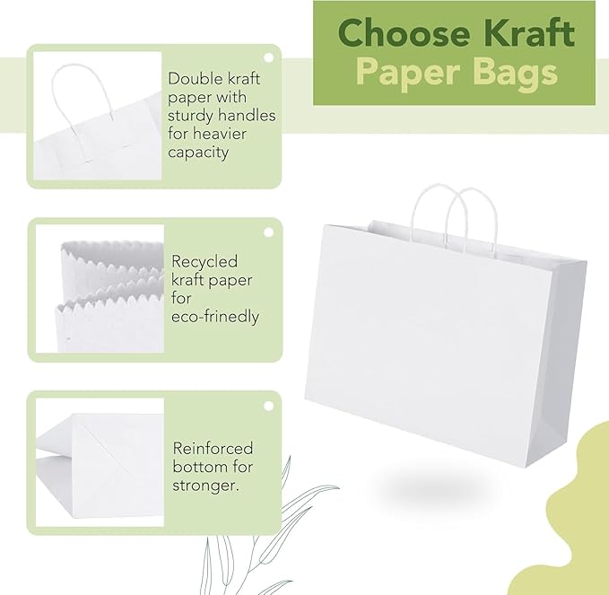 MESHA Gift Paper Bags 200 Pack 16X6X12 White Large Shopping Kraft Bags Bulk with Handles Reusable for Business,Grocery,Birthday,Wedding,Kids Party,Favors