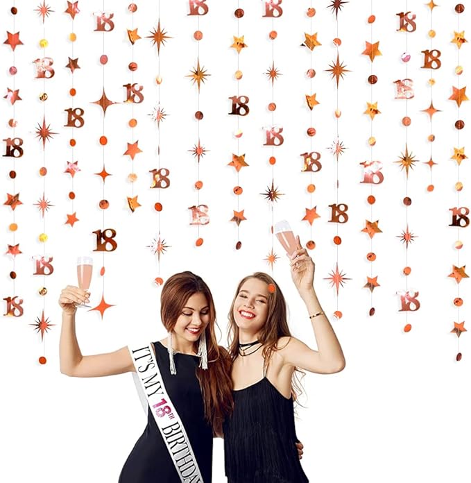 Rose Gold 18th Birthday Decorations Number 18 Circle Dot Twinkle Star Garland Kit Metallic Hanging Streamer Bunting Banner Backdrop for Girls Happy 18 Year Old Eighteen Anniversary Party Supplies