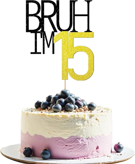 Bruh I'm 15 Cake Topper - Bro I'm 15, Happy Sweet 15 Ornament for Boys' 15th Birthday Party Supplies (Bruh I'm 15)