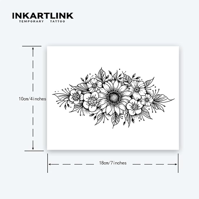 INKARTLINK Tattoo Tech, 2 Sheets Extra-Large Semi Permanent Tattoo, Adult Art Design Temporary Tattoos, Lasts 1-2 Weeks, Waterproof, Realistic Look, No Adhesive, No Reflection (Flower Design)