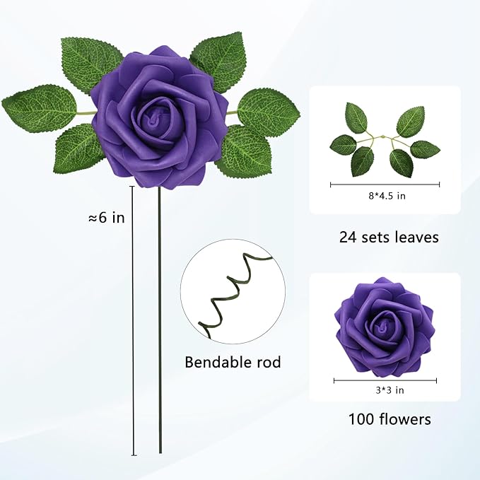 100PCS Dark purple Artificial Flowers Realistic Roses, Real Looking Fake Roses with Stem for DIY Wedding Bouquets Centerpieces Bridal Shower Party Home Romantic Decorations (Dark purple, 100pcs)