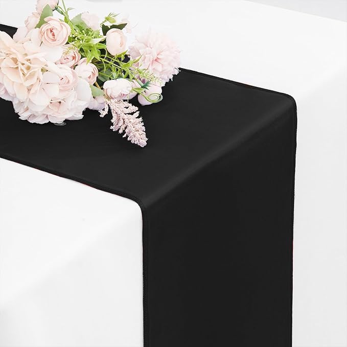 10 Pack Satin Table Runner Black 12 x 108 Inch Long,Satin Silk Table Runner for Wedding,Birthday Party and Banquet(Black,10 Pack)