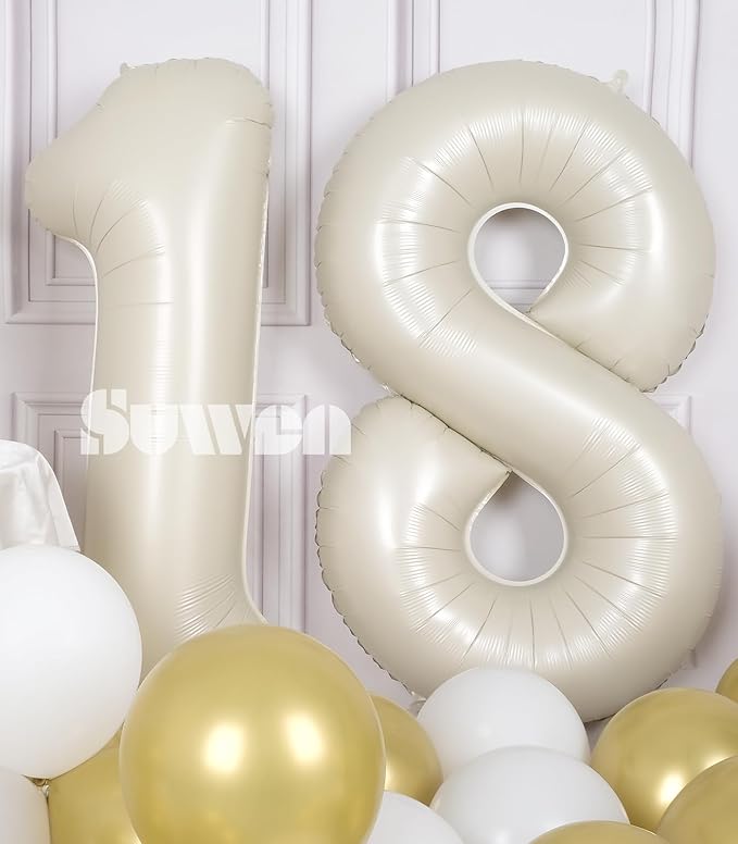 SUWEN 40 Inch Cream White Large 18 Number Balloons Big Foil Helium Number Balloons 0-9 Jumbo Happy 18th Mylar Birthday Party Decorations for Boy or Girl 81 Anniversary Party Supplies