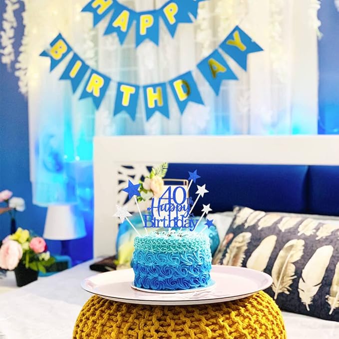 Glittery 40th Happy Birthday Cake Topper with Star,Personalised 40 Birthday Cake Toppers Party Decorations Party Supplies for Men Women Blue