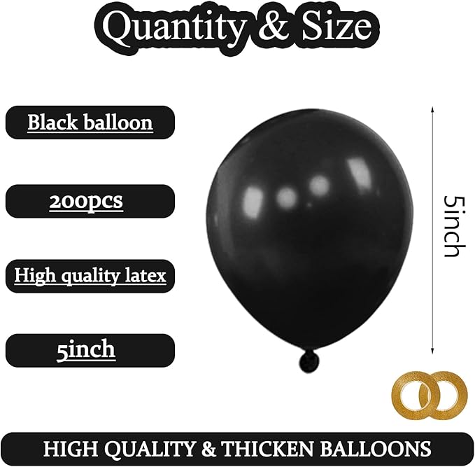 KAWKALSH 200pcs Black Balloons 5 Inch, Small Mini Latex Balloons for Party Birthday Baby Shower Anniversary Festival Arch Garland Decoration