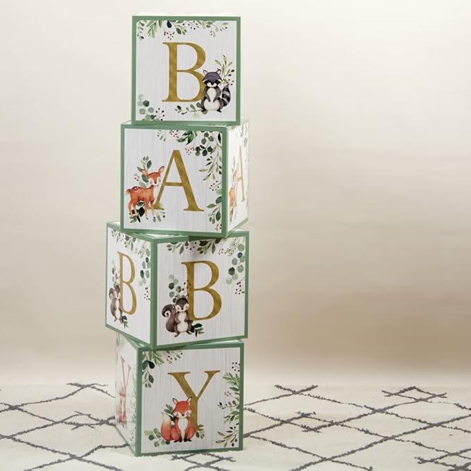 Kate Aspen Woodland Baby Boxes With Letters For Baby Shower Decorations, Gender Reveal Decoration, Photo Prop & Forest Animal Nursery Decor (Set of 4 Stackable Blocks Spells B-A-B-Y)