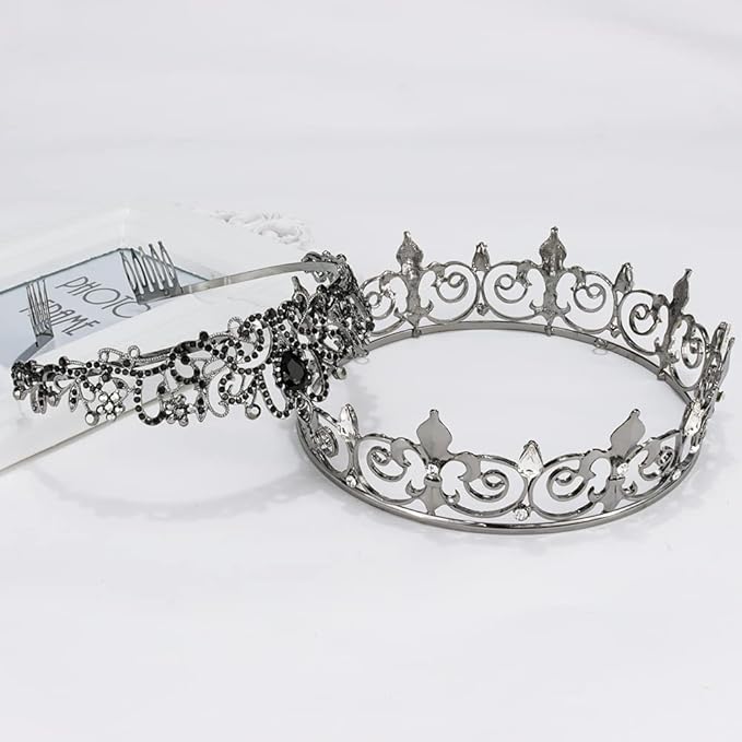 AOPRIE King & Queen Tear Drop Tiara and Crown for Women Men Crystal Hair Accessories for Wedding Prom Bridal Birthday Party Halloween Costume Christmas Gifts Black Princess Tiara for Girls Boys