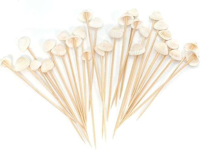 PuTwo 100 pcs Cocktail Picks, 4.7 Inch White Seashell Bamboo Cocktail Picks, Bamboo Toothpicks, Skewers for Appetizers, Mini Food Sticks for Drinks, Sandwiches, Party Supplies