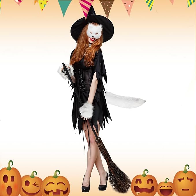BADALU Therian Mask and Tail Set Cat Mask for Girls Halloween Furry Mask Fox Mask Wolf Tail Cat Costume Leather Choker Faux Fur Tail Cosplay Party