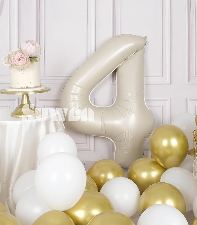 SUWEN 40 Inch Cream White Large 4 Number Balloons Big Foil Helium Number Balloons 0-9 Jumbo Happy 4th Mylar Birthday Party Decorations for Boy or Girl Anniversary Party Supplies