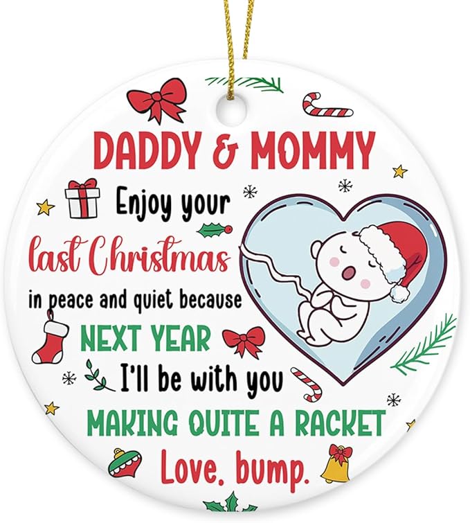 Funny Christmas Baby Pregnancy Announcement Ornament New Parents Gifts for Couple Him Her New Mom Dad to Be Babys First Christmas Heart Ceramic Xmas Tree Ornament Decorations Boy Girl