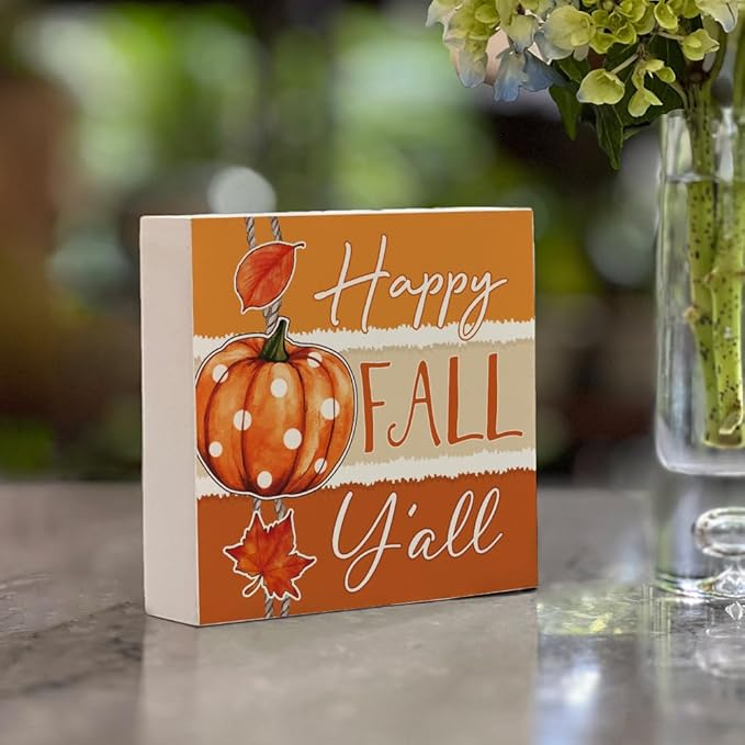 Fall Theme Sign Retro Farmhouse Fall Artwork Decor Autumn Harvest Thanksgiving Wooden Sign, Rustic Wood Maples Decorations for Indoor Outdoor Home Office Supplies (Happy Fall Y'all)