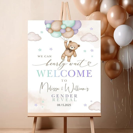Gender Reveal Welcome Sign – Teddy Bear Balloon Theme,Personalized Teddy Bear Gender Reveal Welcome Sign, He or She Yard Sign, Boy or Girl Gender Reveal Sign, We Can Bearly Wait Gender Reveal .17
