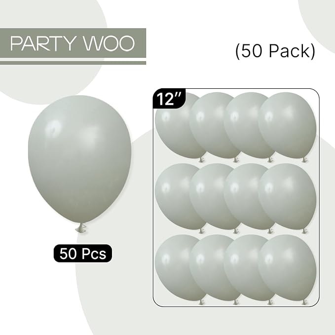 PartyWoo Dusty Green Balloons 50pcs 12 Inch Sage Olive Eucalyptus Green Boho Neutral Latex Helium Balloons for Baby Shower Wedding Jungle Woodland Themed Birthday Party Decorations Green-F59