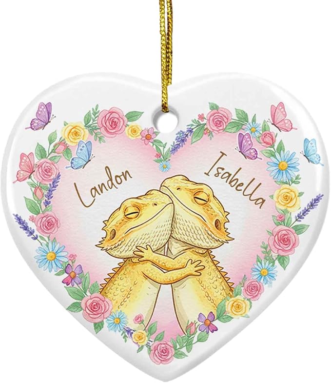 Bearded Dragon Couple Hugging Ornament 2025, Custom Names Lizard Couple Ceramic Ornament for Dating Newlyweds, Personalized Cute Couples Bearded Dragon with Floral Ornaments Xmas