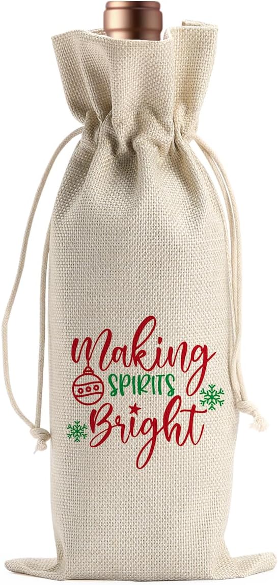 Funny Christmas Wine Bags for Wine Bottles Gifts Christmas Wine Bottle Cover Drawstring Gift Bags Making Spirits Bright Burlap Wine Bag for Xmas Holiday Housewarming Party Decorations