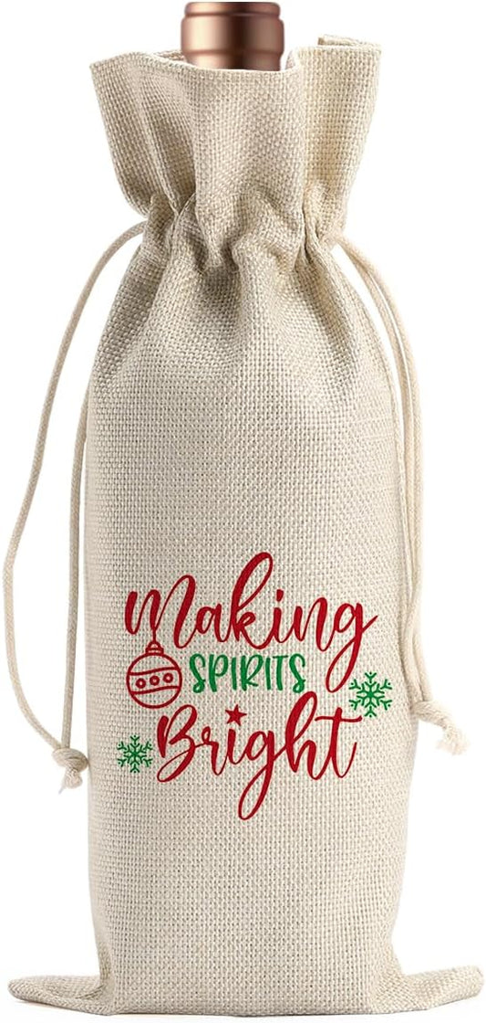 Funny Christmas Wine Bags for Wine Bottles Gifts Christmas Wine Bottle Cover Drawstring Gift Bags Making Spirits Bright Burlap Wine Bag for Xmas Holiday Housewarming Party Decorations