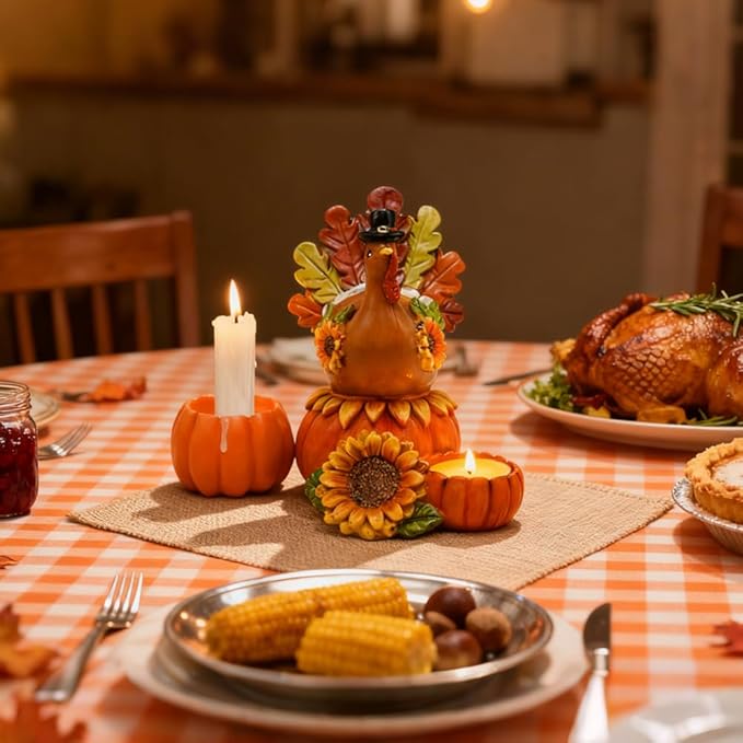 Thanksgiving Turkey Candle Holders, Table Centerpiece Decor for Thanksgiving, Resin Turkey with Pumpkin Fall Home Decor for Harvest Party Supplies
