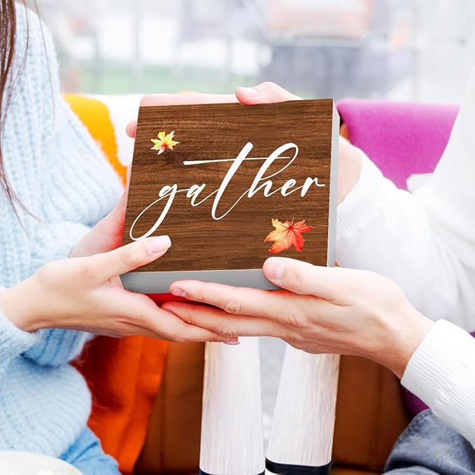 Funny Autumn Wood Box Sign Gather Wooden Block Desk Decor for Home Office Kitchen Cubicle Table Shelf Tabletop,Farmhouse Fall Sign Decor