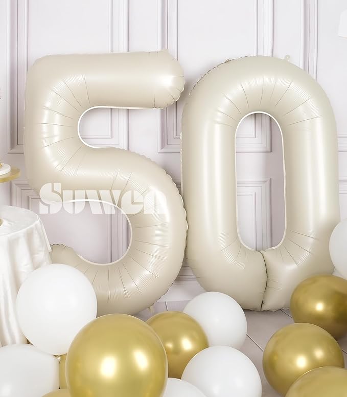 SUWEN 40 Inch Large Cream White 50 Balloon Numbers Big Foil Helium Number Balloons 0-9 Jumbo Happy 50th Mylar Birthday Party Decorations for Women or Men Anniversary Party Supplies