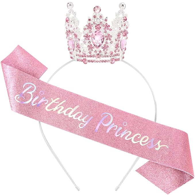 Birthday Princess Sash for Women Tiara & Crowns Headbands for Girls Happy Birthday Party Accessories Favor Supllies Leona Pink Silver, 2 Pack