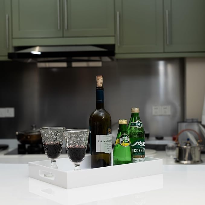 Glossy White Sturdy Acrylic Serving Tray with Handles 10x15x2H Inches -Spill Proof- Decorative Trays Countertop Organizer for Ottoman Coffee Table Nightstand, sidetable, Breakfast, Tea, Food