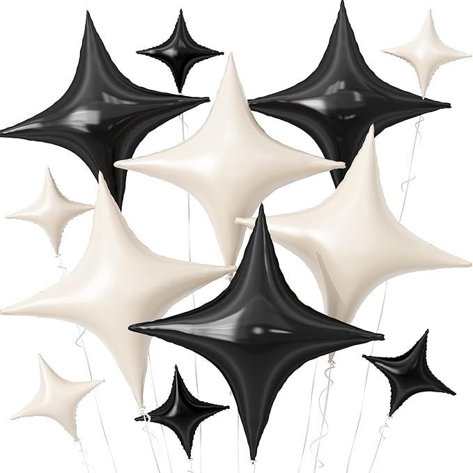 Black White Star Balloons,12Pcs Four Angle Star Foil Balloons,26Inch and 10Inch Black Cream White Quadrangle Helium Balloon for Birthday Baby Shower Anniversary Party Decorations