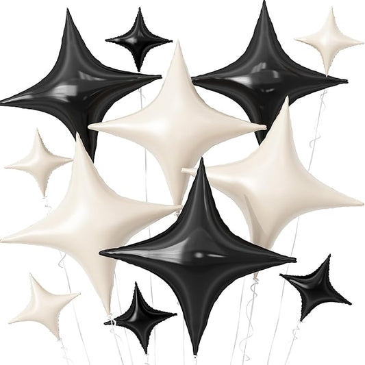 Black White Star Balloons,12Pcs Four Angle Star Foil Balloons,26Inch and 10Inch Black Cream White Quadrangle Helium Balloon for Birthday Baby Shower Anniversary Party Decorations