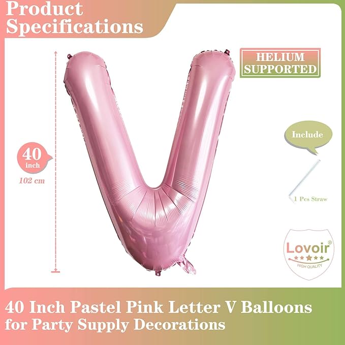 Pink Letter V Balloons, 40 Inch Pastel Pink Letter Balloons V Foil Mylar Helium Pink Letter Balloons for Birthday Party Supplies Anniversary Event Celebration Decorations Alphabet Pink V