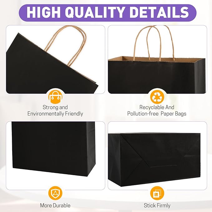 XPCARE Black Paper Bags, 100 Packs 10x5x13 Inch Gift Bags with Handles Bulk Paper Bags with Handles Retail Kraft Paper Bag Black Gift Bag for Wedding Party Shopping