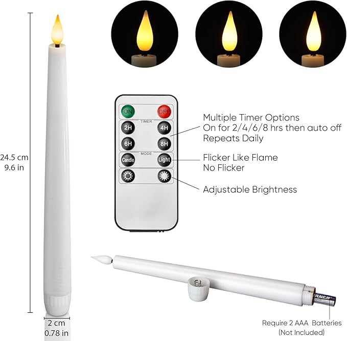Homemory 12 Pcs Waxy Flameless Taper Candles with Remote, Led Flameless Candlesticks Classic Tall Candle, Flickering Battery Operated Taper Candles for Bedroom, Dining Room, White, 9.6 inches