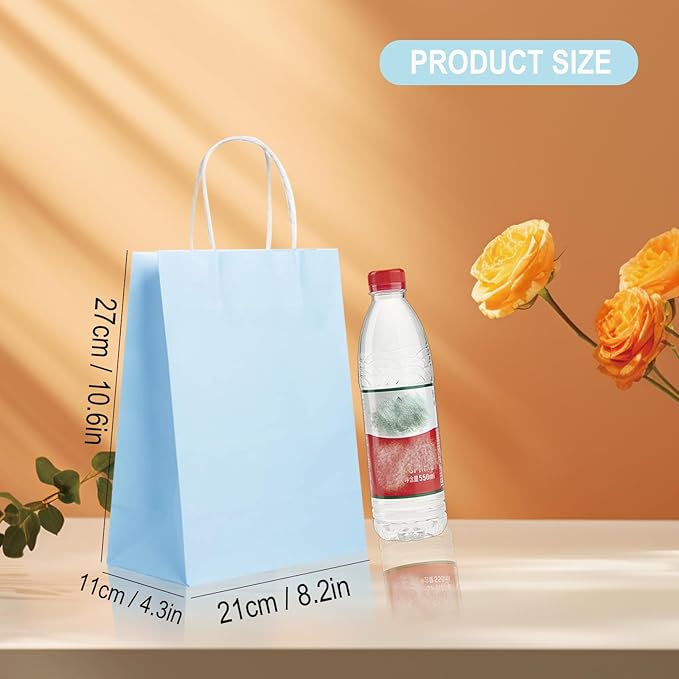 BAG BOX 25 Pack Medium 8.25x4.3x10.6 Inch Blue Kraft Paper Gift Bags with Handles for Bulk Shopping, Retail, Craft, Party Favors, Wedding, Grocery & Sacks