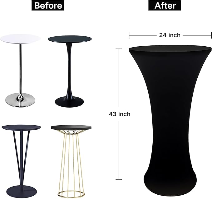24x43 Inch Round Fitted Cocktail Table Cover Black Spandex Cocktail Table Cloth Highboy Fitted Tablecloth High Top Table Cloths for Party Pub Banquet Bistro