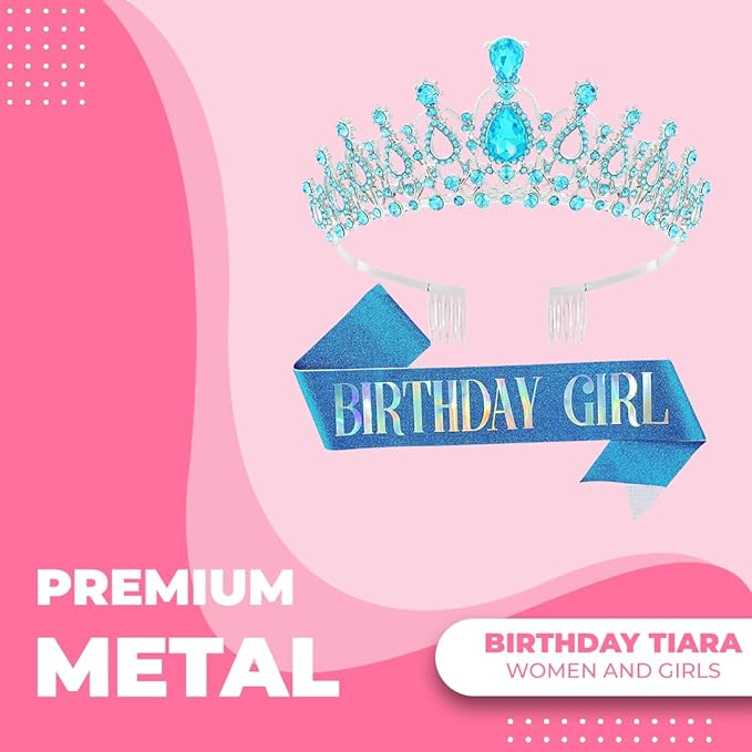 Birthday Tiara and Crown with Sash for Women, Hair Accessories for Wedding Party Costume (B - Blue)