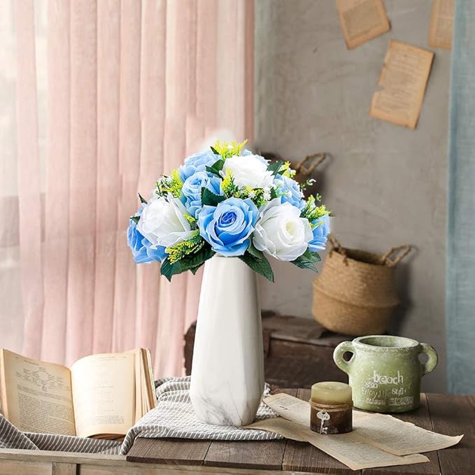 Artificial Flowers Rose Centerpieces, 6 Pcs Faux Flower Kissing Ball Fake Flower 15 Heads Plastic Roses with Base Perfect for Wedding Bouquets Party Table Decor for Flower Balls Wedding(Blue White)