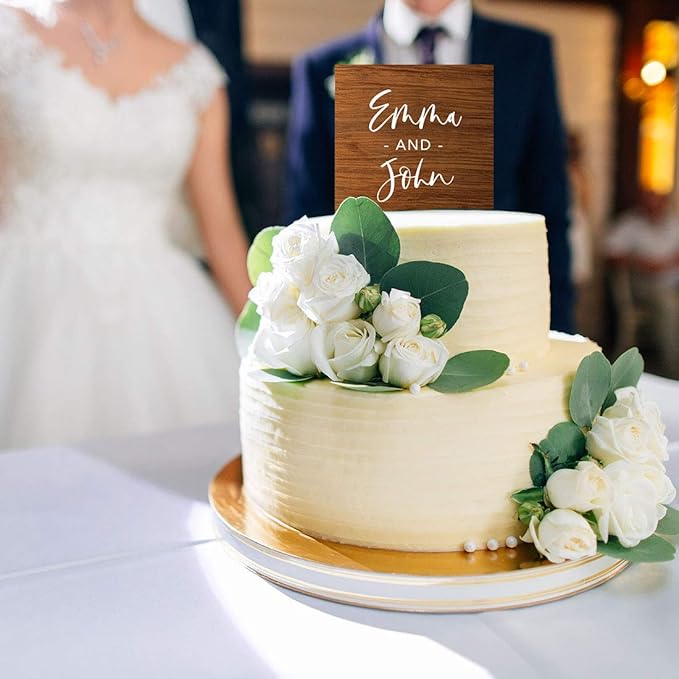 Andaz Press Rustic Wood First Names Custom Wedding Cake Topper, Acrylic Square Personalized Couple Cake Topper