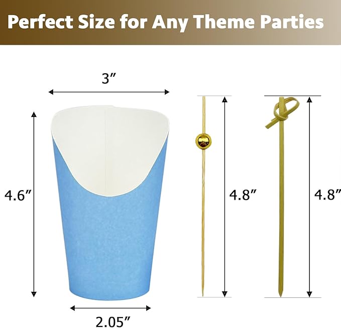 CAMKYDE 50 Charcuterie Cups + 200 Cocktail Picks + 56 Labels, 12 oz Disposable Charcuterie Cups with Sticks (2 Types), French Fry Cup Blue Paper Appetizer Cup for all Occasions (Blue)