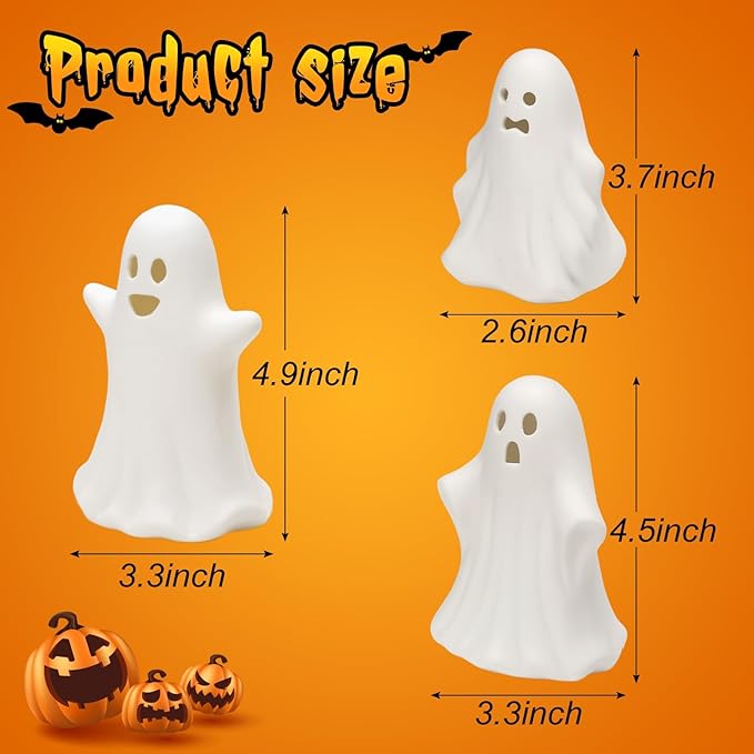 Halloween Ghost Decorations - 3 Pcs Gothic Ceramic Ghost Light Up Decor, White Ghost Figurine for Halloween Table Home Decorations Indoor