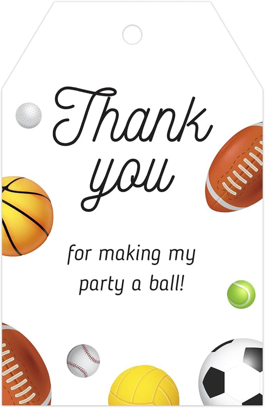 G2PLUS 50PCS Sports Thank You Tags, Thank You Gift Tags with String, Thank You for Making My Party A Ball Tag, Basketball Football Label Hangtags for Birthday, Baby Shower Party Favors