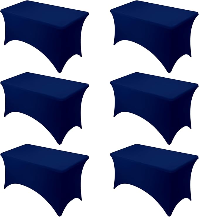 6-Pack Premium Navy Blue Spandex Tablecloths for 4ft Rectangle Tables, Stain & Wrinkle-Resistant, Washable Stretch Polyester Fitted Table Cover for Weddings, Banquets, Trade Shows Events