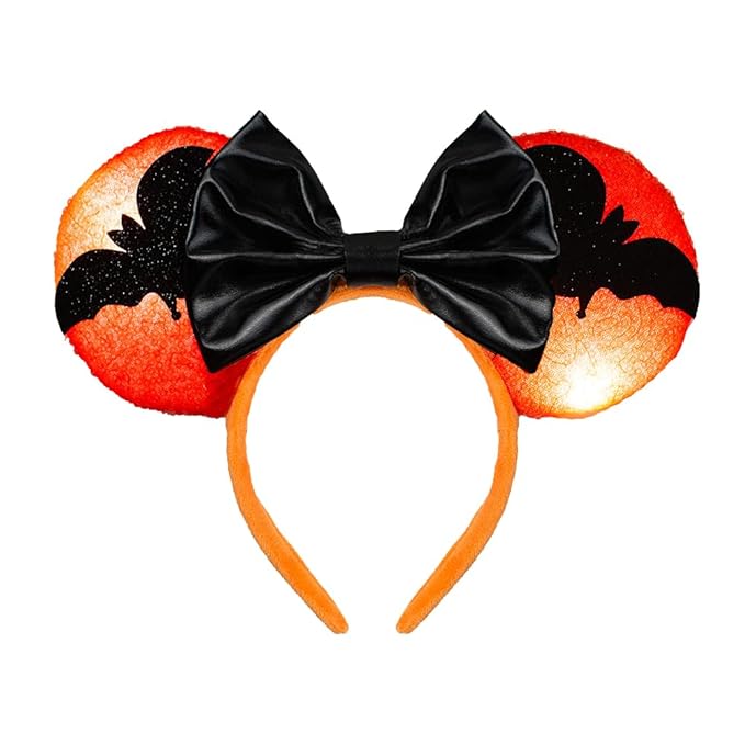 Halloween LED Mouse Ear Headband with Bats, Light Up Sequin Bow Hairband, Flashing Glowing Party Decoration Headwear Hair Accessories for Women Girls