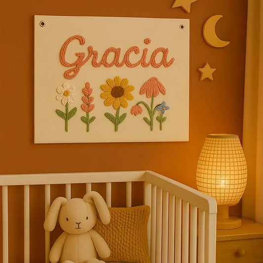 Personalized Name Hand Embroidered Banner Flag, Custom Baby Name Pennant Flowers Sign for Nursery, Customized Embroidered Canvas Flag for Birthday Gifts Kids Room Nursery Baby Shower Party Wall Decor