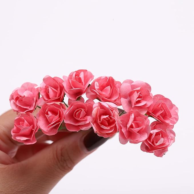 144pcs Mulberry Paper Mini Roses Artificial Flowers Heads with Stems for DIY Crafts Accessories Make Bridal Hair Clips Headbands Dress Wedding Bridal Bouquets Party Home Decor Valentine's (Blush Pink)