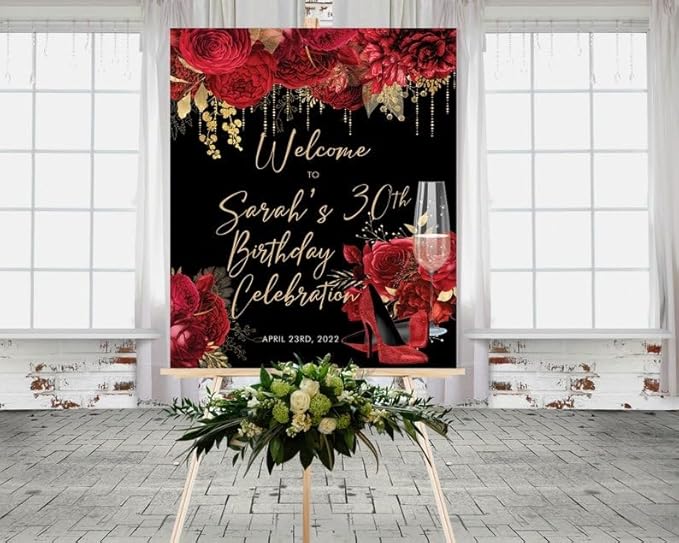 Red Glitter Heels Floral Roses Birthday Welcome Sign, Printable Template, Editable Gold Black Party Sign for Women, Men